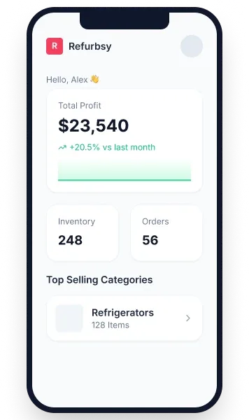 Refurbsy mobile app dashboard showing $23,540 total profit, 248 inventory items and 56 orders